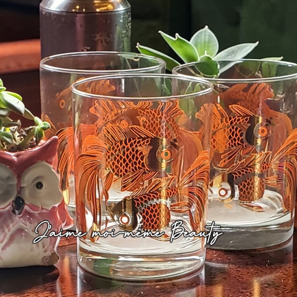6 MCM 22k Gold Plated Koi Fish Lowball Glasses Vintage Hollywood Regency